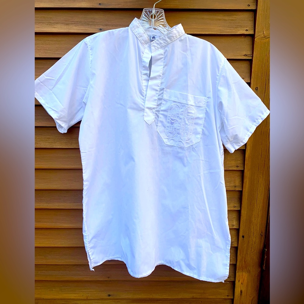 Egyptian Men's White pocket cartouche hieroglyphic short-sleeve Shirt loose top